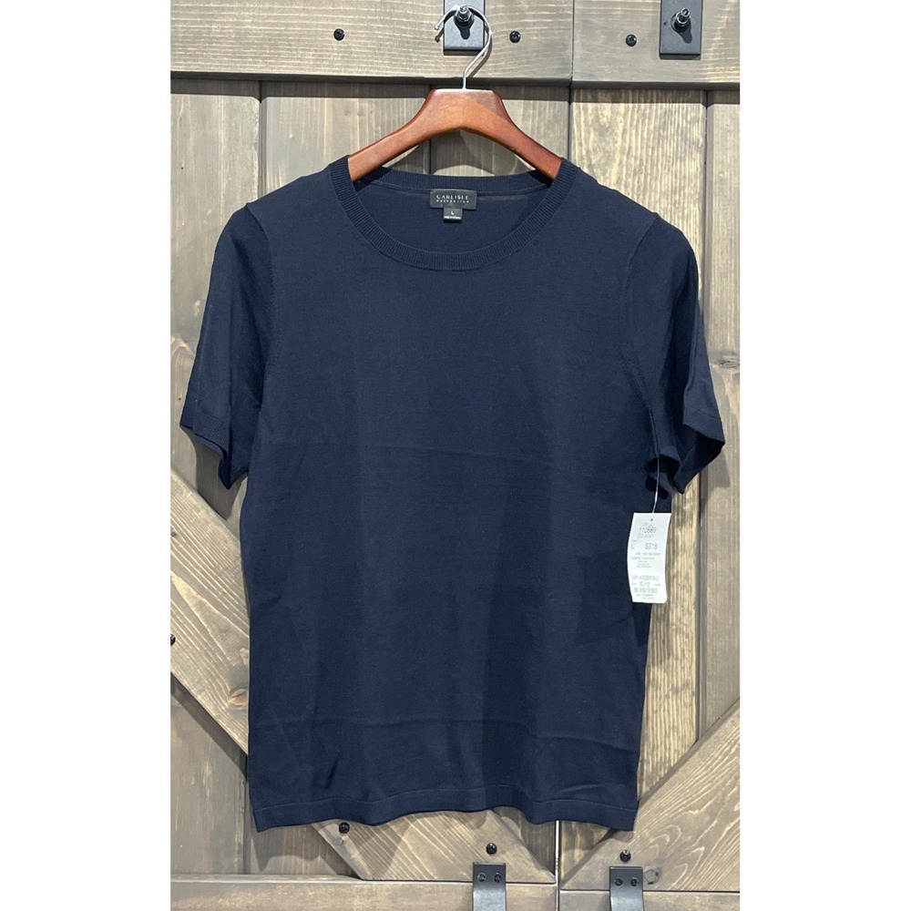 NWT Carlisle Collection Short Sleeve Sweater Silk Blend Navy Women's L MRSP $318